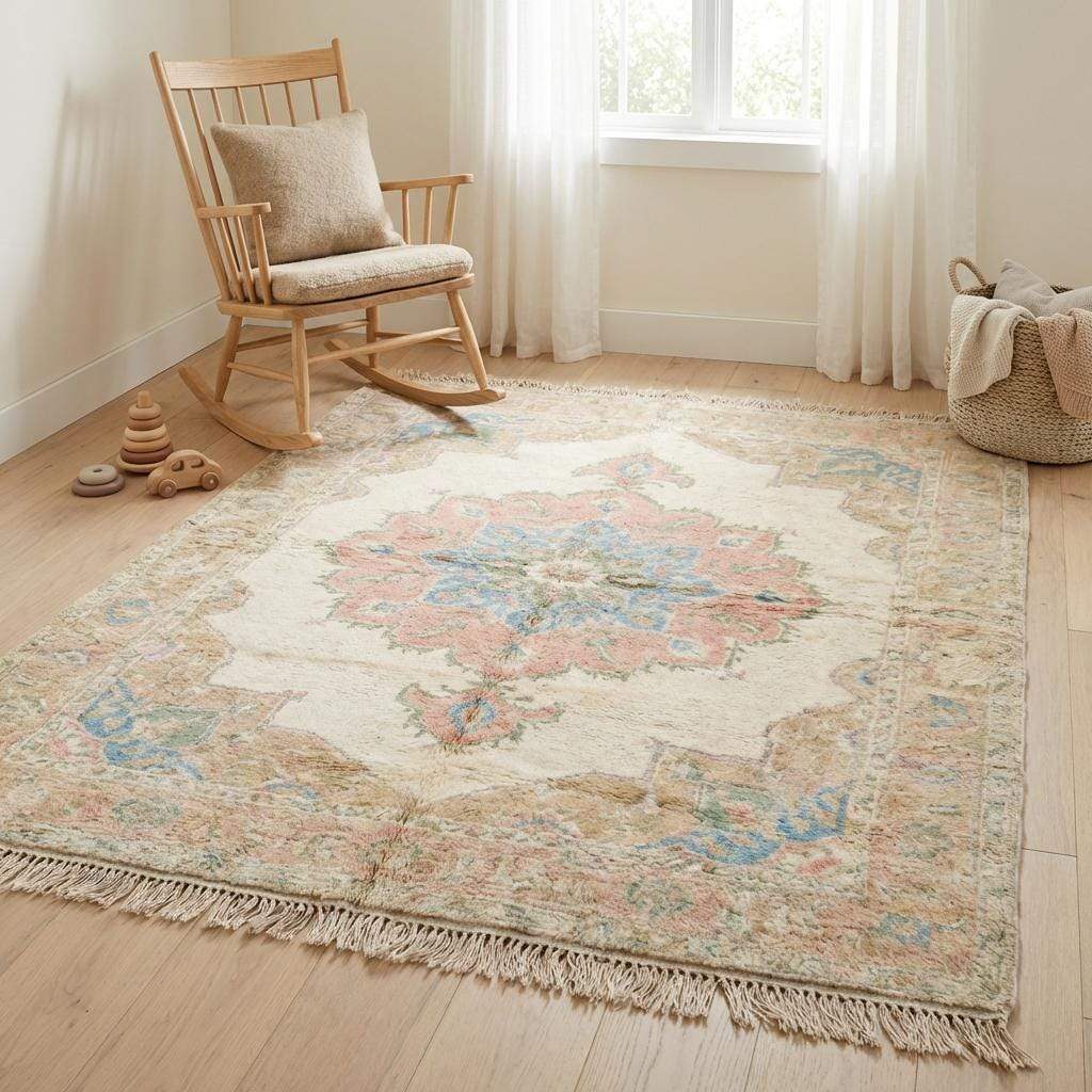 Living room styled with neutral furniture and hand knotted pastel area rug