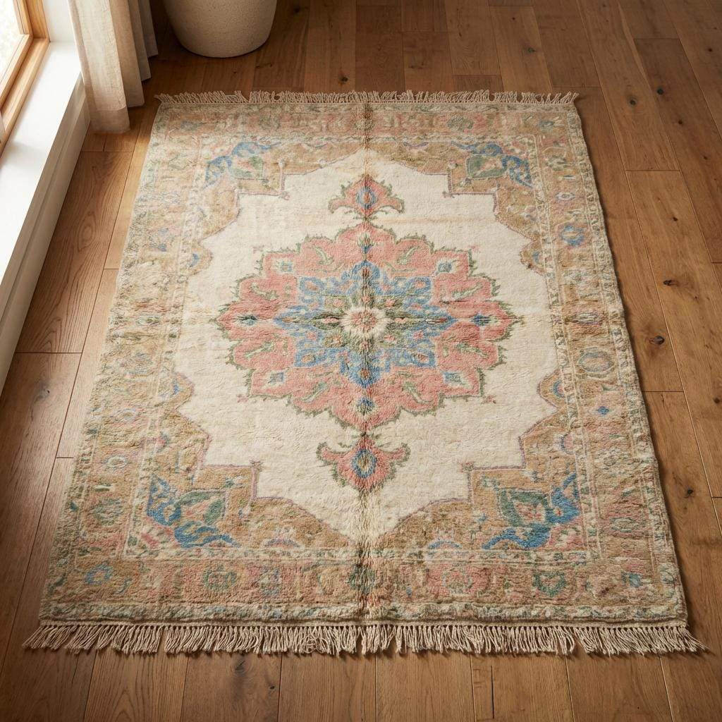 Pastel Oushak Area Rug, Hand Knotted Wool Medallion Living Room