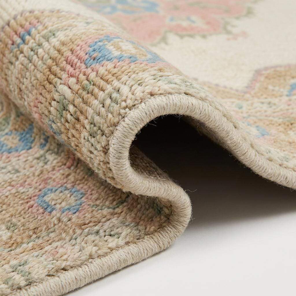 Close-up of hand knotted wool pile showing individual knots and soft natural fibers