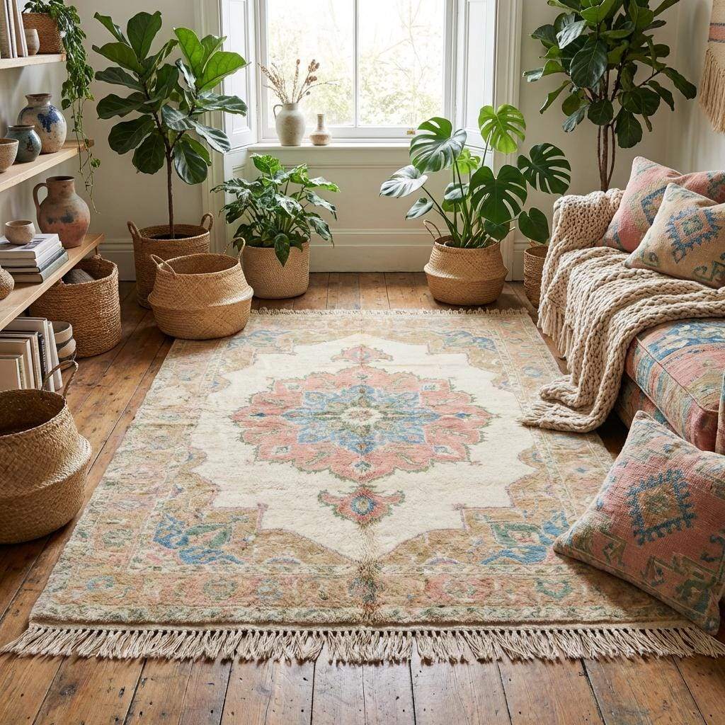 Pastel wool medallion rug in neutral living room with armchair and window light