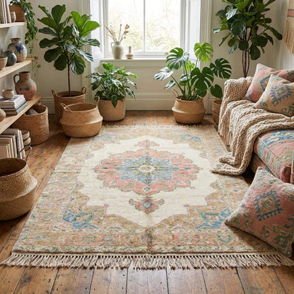 Pastel wool medallion rug in neutral living room with armchair and window light