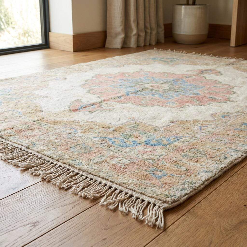 Traditional Oushak style rug featuring ivory base with blush and blue accents