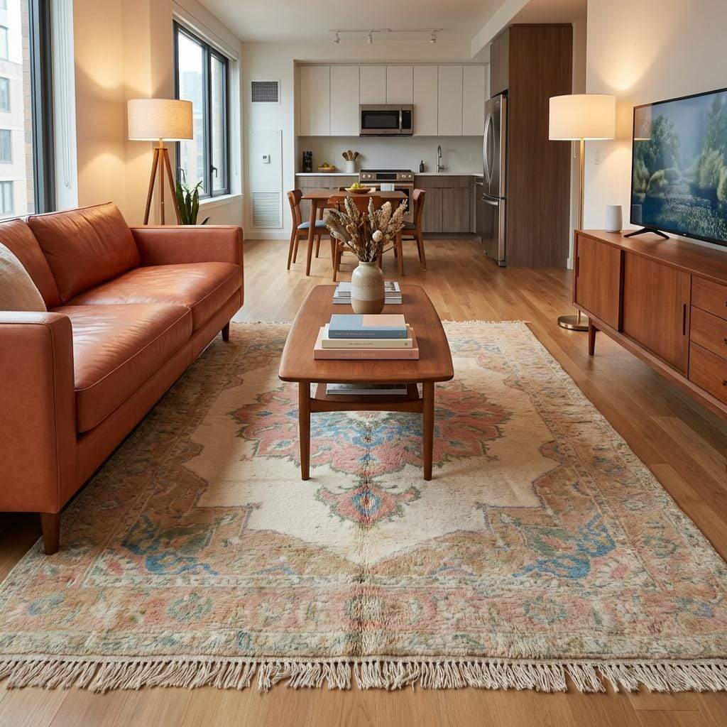 Artisan hand knotted wool rug with floral border and faded vintage tones