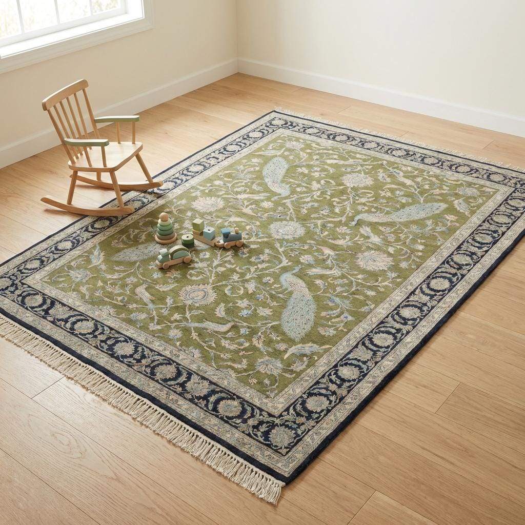 Peacock Floral Hand Knotted Wool Persian Area Rug Living