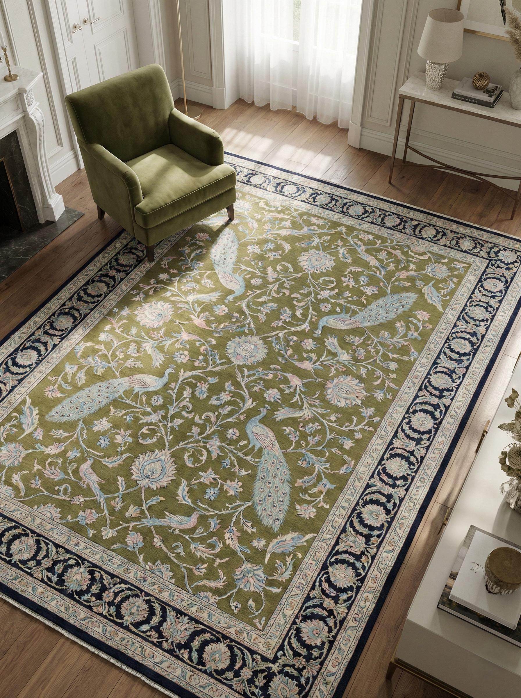 Hand-knotted wool Persian rug with peacock floral design and olive green background