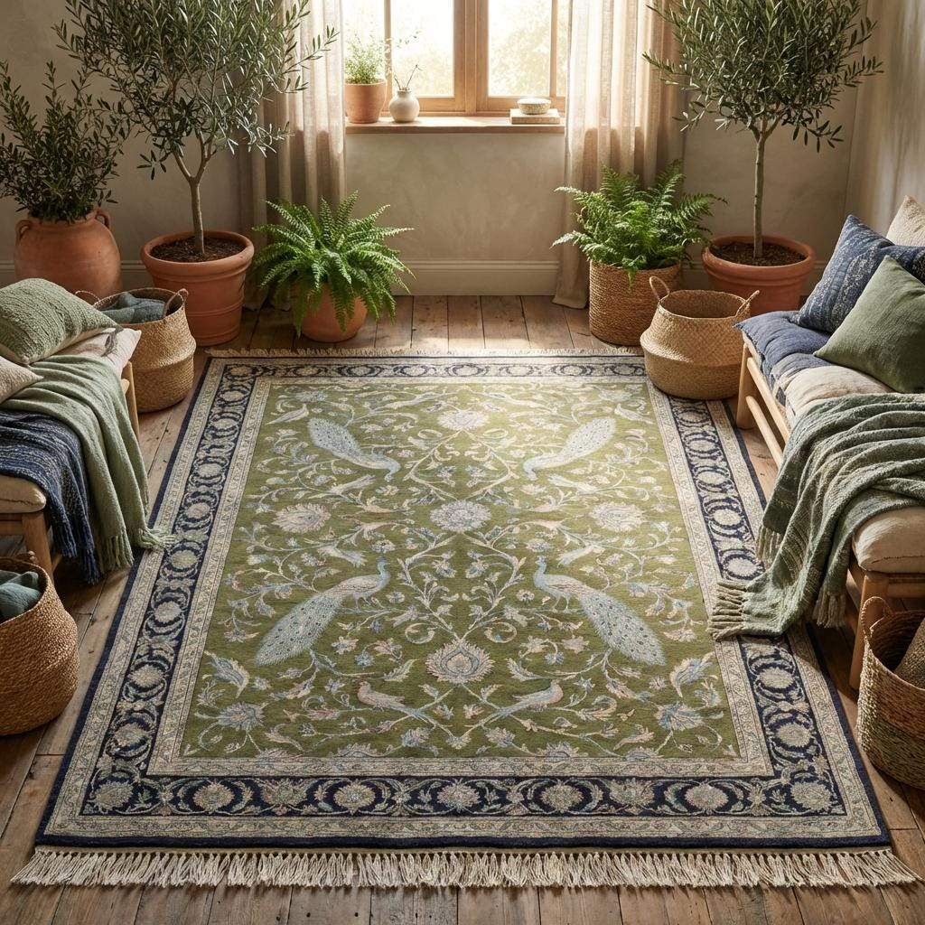 Olive green handmade wool rug styled in classic interior with wooden flooring