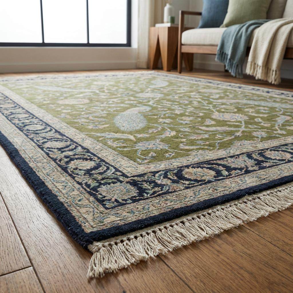 Artisan hand knotted botanical rug with intricate floral vine craftsmanship