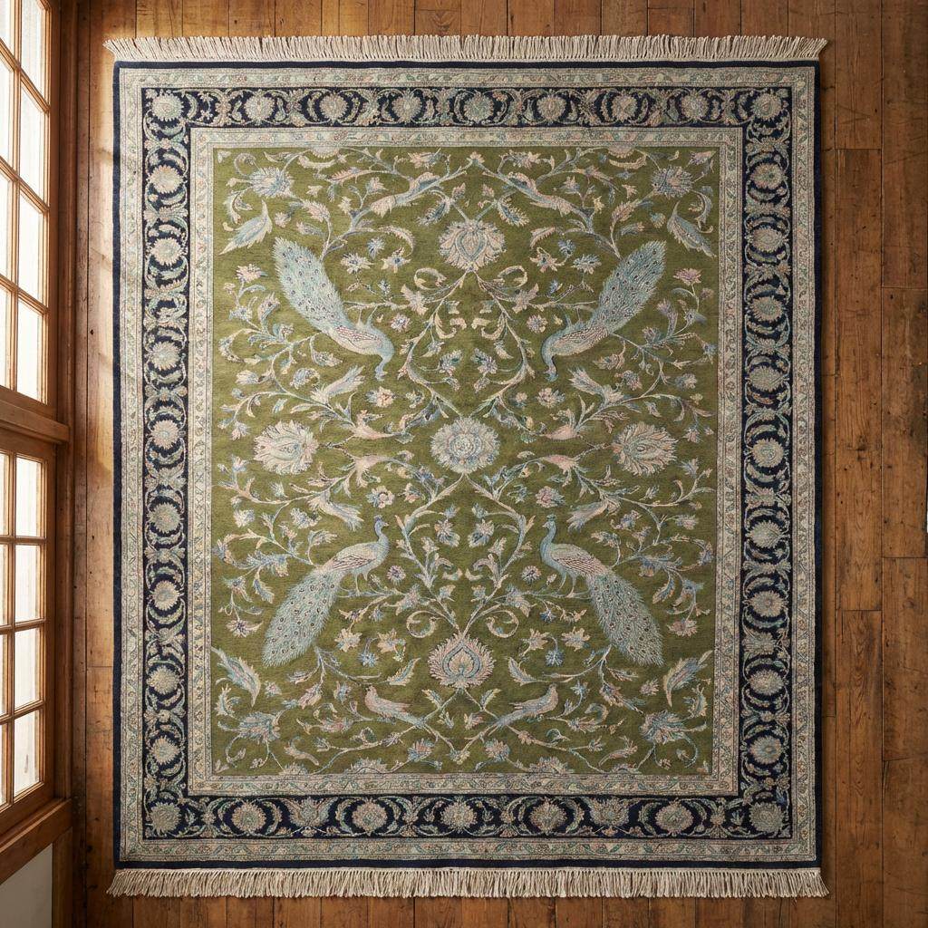 Peacock Floral Hand Knotted Wool Persian Area Rug Living