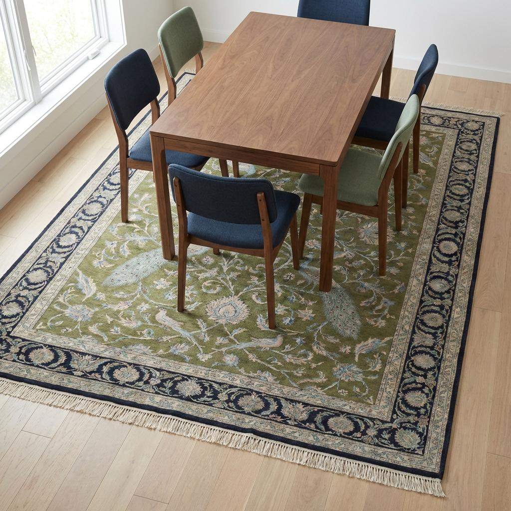 Peacock Floral Hand Knotted Wool Persian Area Rug Living