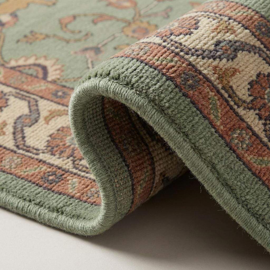 Close up of hand knotted wool rug showing dense knot structure, cut pile texture, cotton foundation, fine artisan craftsmanship detail