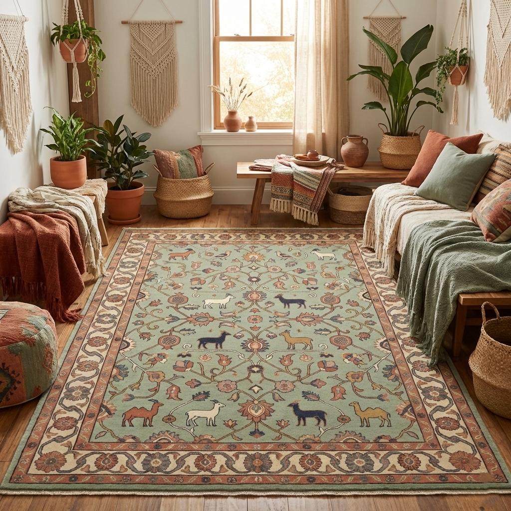 Hand knotted traditional wool area rug styled in living room interior, warm earthy tones and heritage floral pattern centerpiece