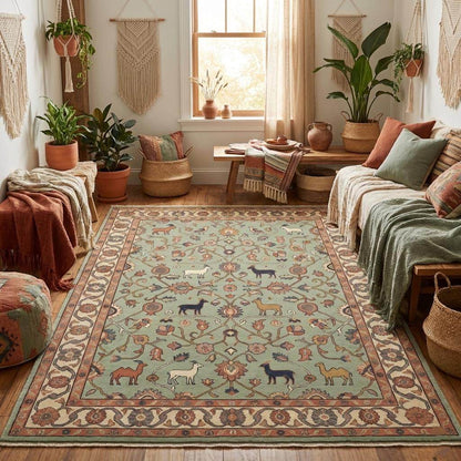 Hand knotted traditional wool area rug styled in living room interior, warm earthy tones and heritage floral pattern centerpiece