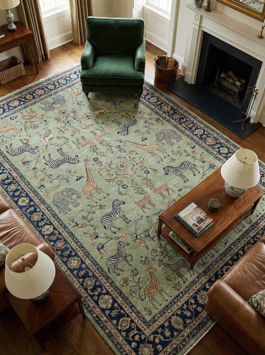 Hand-knotted Persian pictorial wool rug with intricate animal motif and floral details for durable, authentic area decor