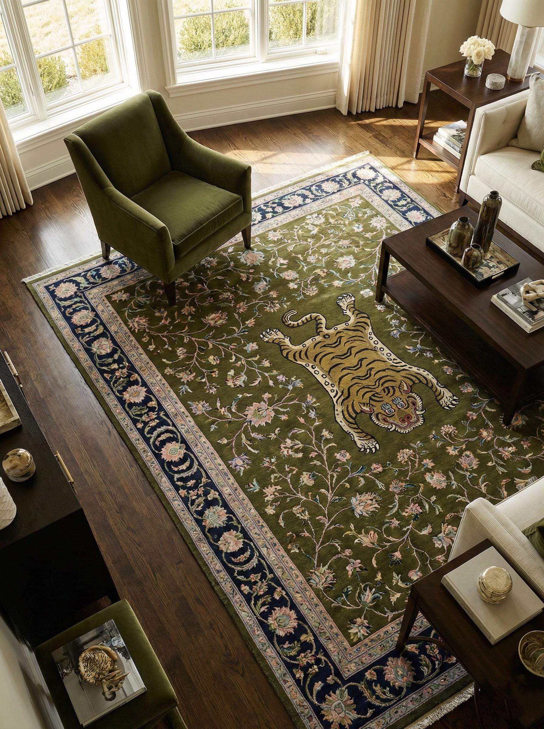 Hand-knotted Persian tiger floral wool area rug with intricate vine pattern and durable pile