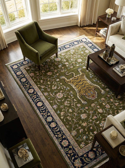Hand-knotted Persian tiger floral wool area rug with intricate vine pattern and durable pile