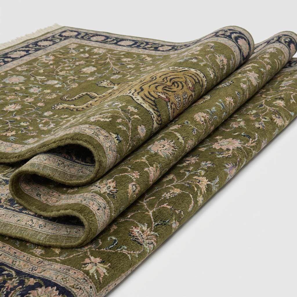 Close up of hand knotted wool pile showing dense knot texture and floral pattern detailing