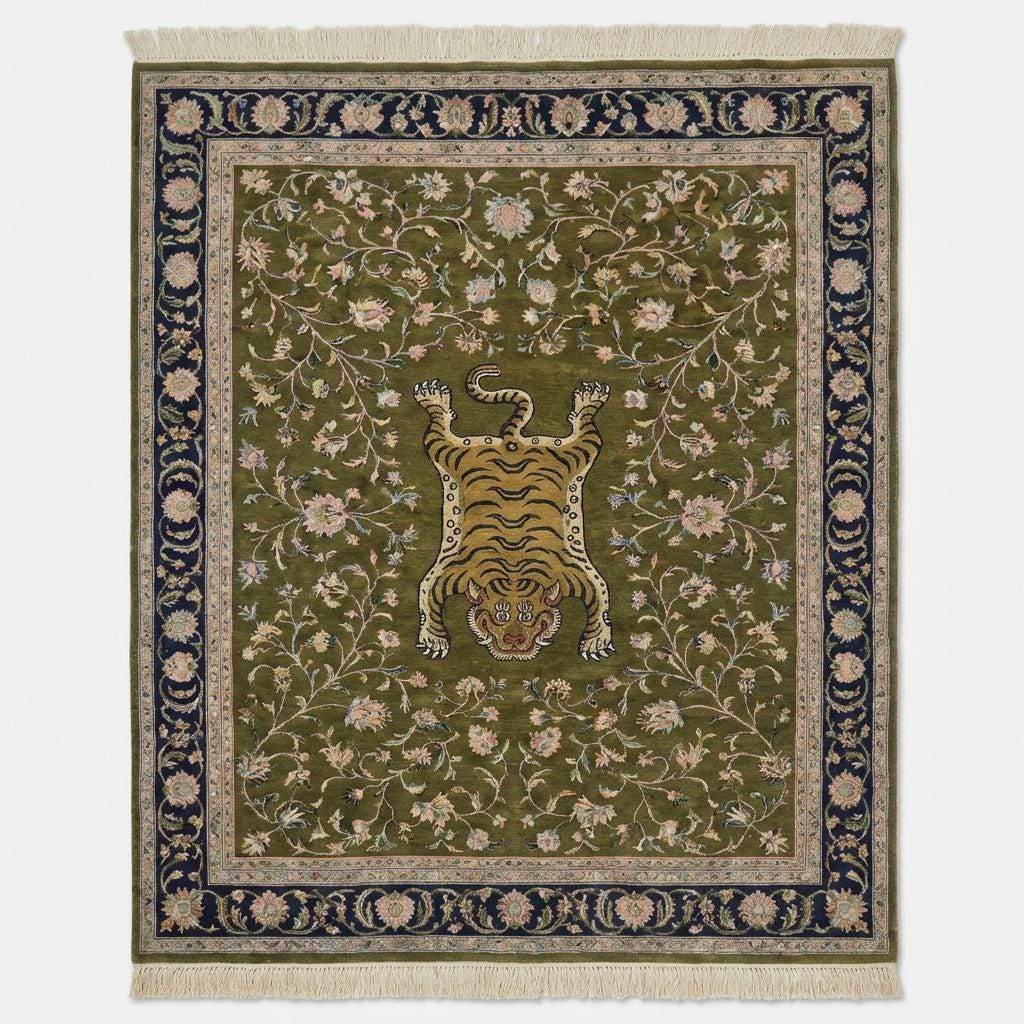 Traditional Persian tiger motif rug with navy floral border on wooden floor