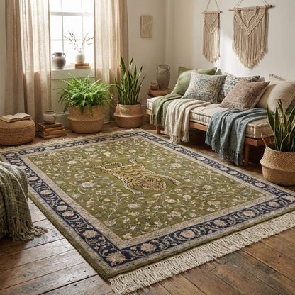 Olive green hand knotted area rug styled in classic living room setting