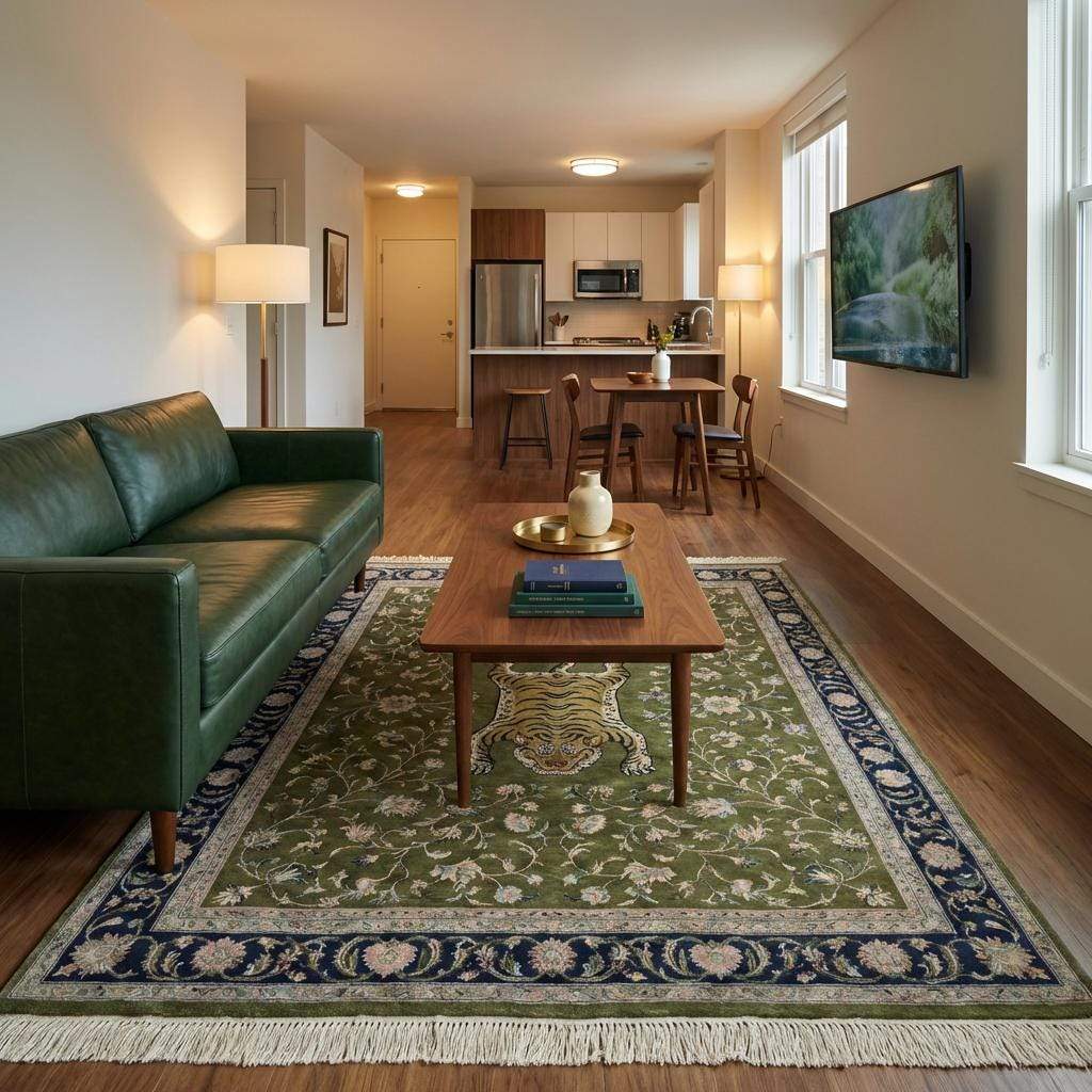 Artisan wool Persian rug featuring floral vines and central tiger design