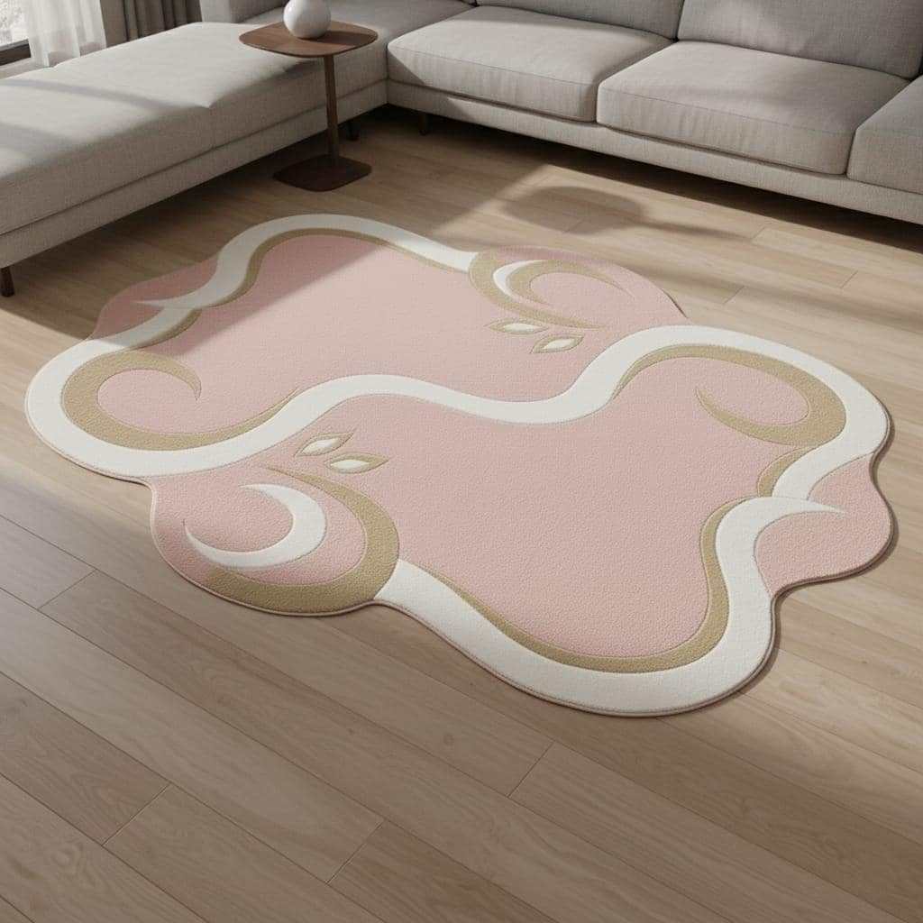 Pink abstract area rug with organic shape and soft pastel tones for indoor and outdoor use