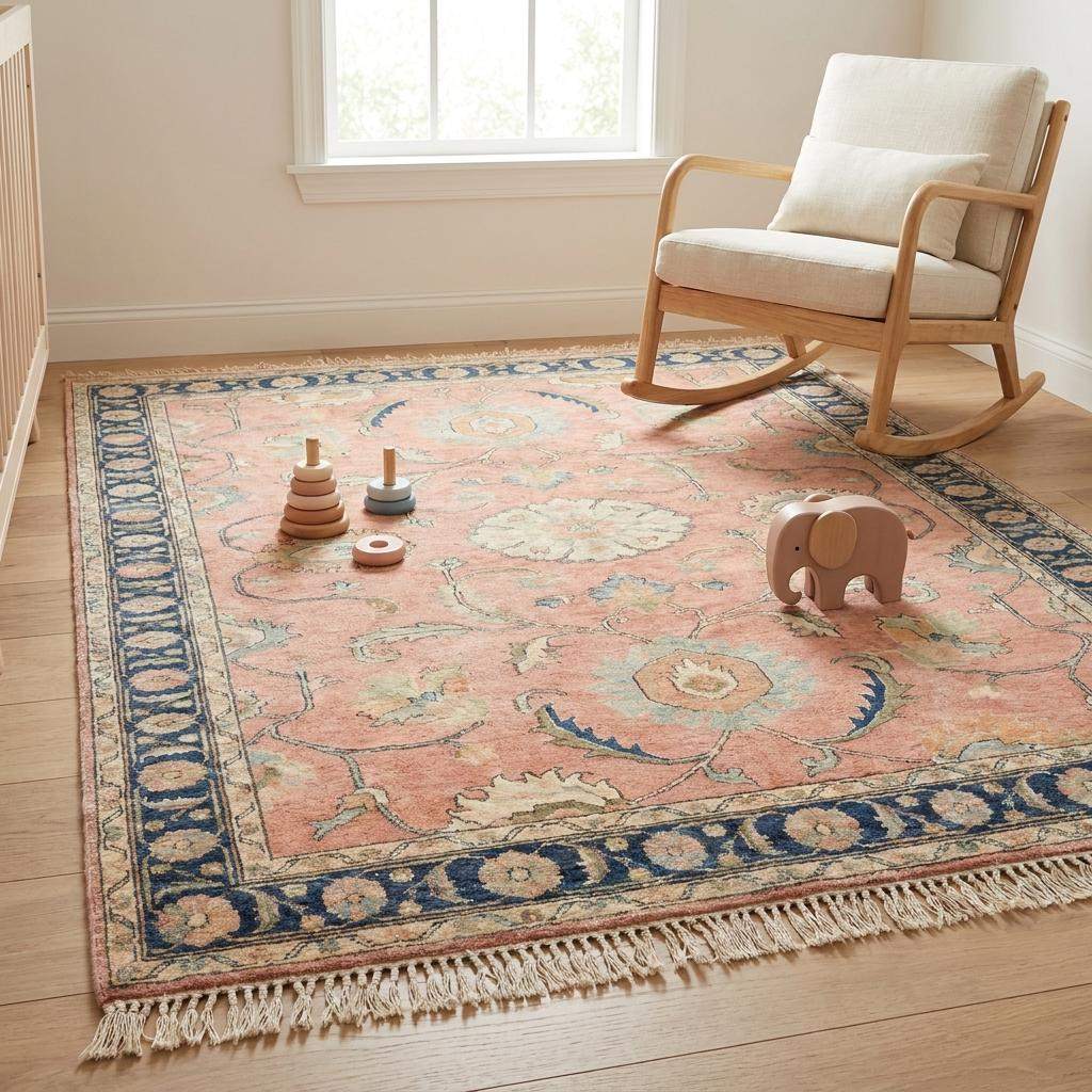 Artisan hand knotted floral rug with Persian inspired design in dusty pink, ivory, sage, and navy tones __etsy:8119336449