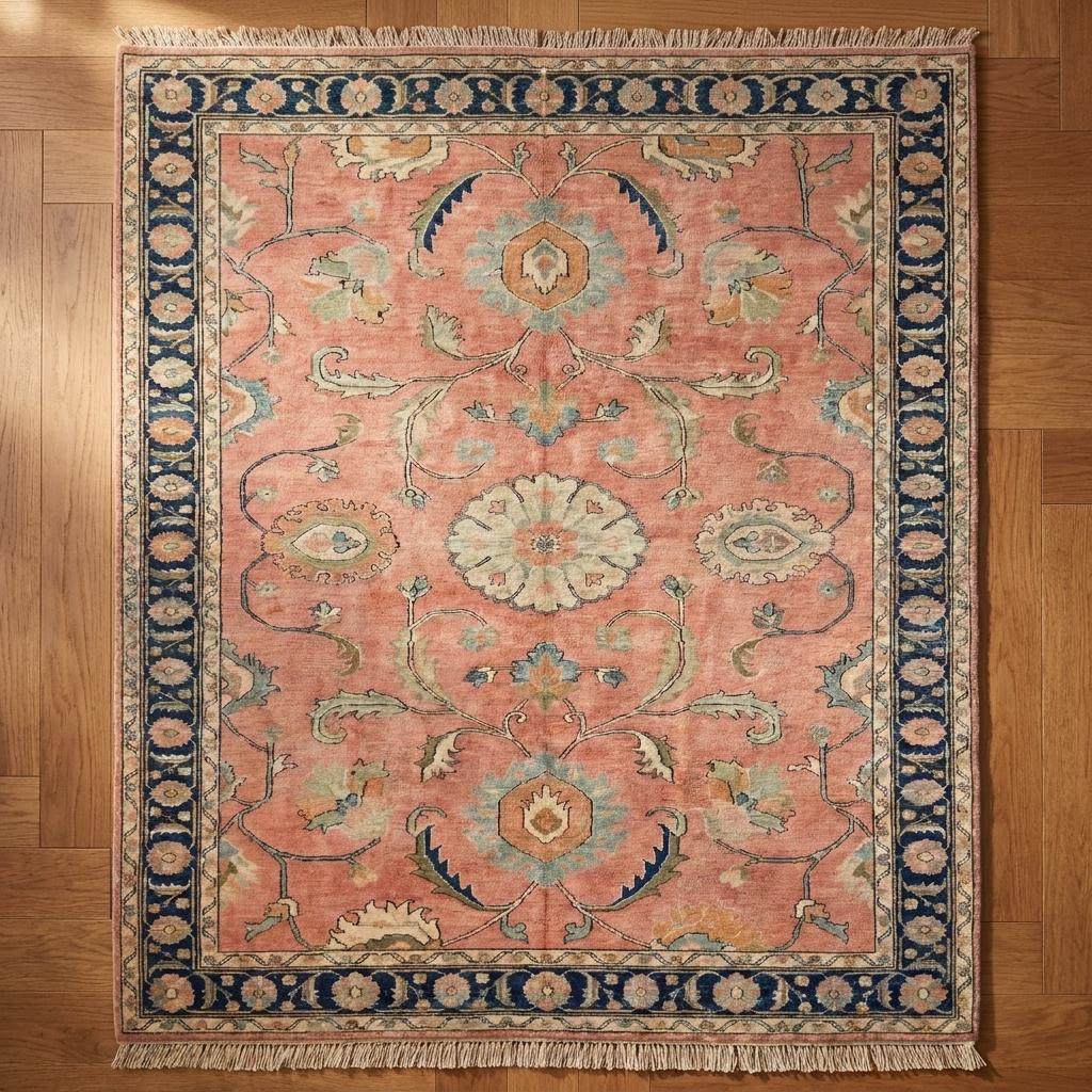 Pink Oushak Hand Knotted Rug, Vintage Floral Carpet for Bedroom, Traditional Turkish Area Rug __etsy:8119336417
