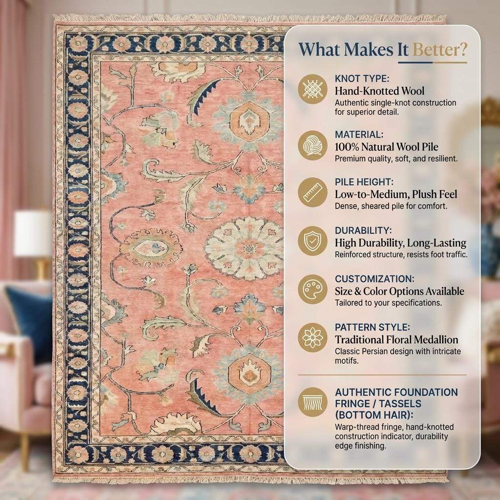Pink Oushak Hand Knotted Rug, Vintage Floral Carpet for Bedroom, Traditional Turkish Area Rug __etsy:8071414916
