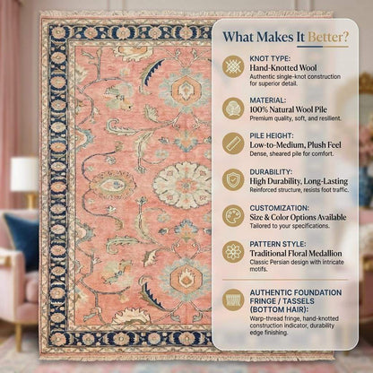 Pink Oushak Hand Knotted Rug, Vintage Floral Carpet for Bedroom, Traditional Turkish Area Rug __etsy:8071414916