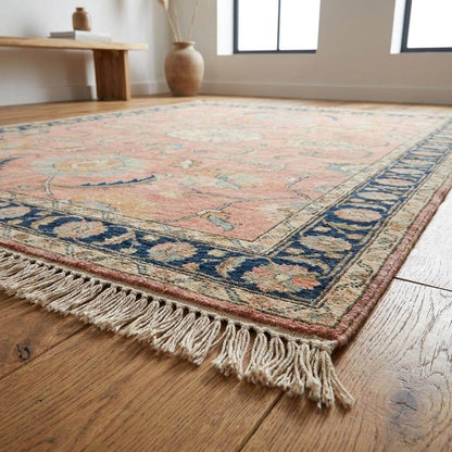 Close-up of hand knotted wool rug texture showing low pile craftsmanship, floral detailing, and artisan weaving __etsy:8071414866