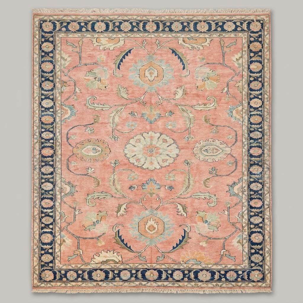 Vintage Turkish style wool carpet with soft pink tones and decorative floral medallion pattern __etsy:8119336243