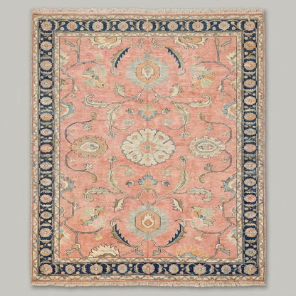 Vintage Turkish style wool carpet with soft pink tones and decorative floral medallion pattern __etsy:8119336243