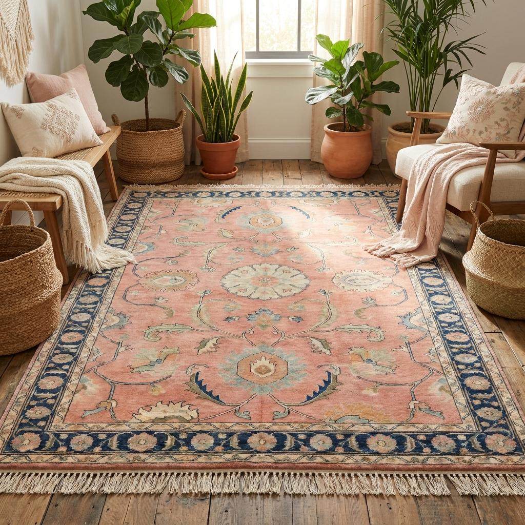 Traditional Oushak area rug featuring navy border, muted pastel colors, and handmade floral motifs __etsy:8071414872