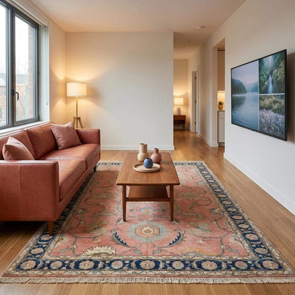 Luxury handmade wool carpet styled on hardwood flooring with classic vintage-inspired home decor __etsy:8119336305