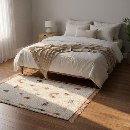 Playful Moroccan boho rug with pastel rainbow and abstract tribal patterns, high-pile wool, nursery and kids room decor