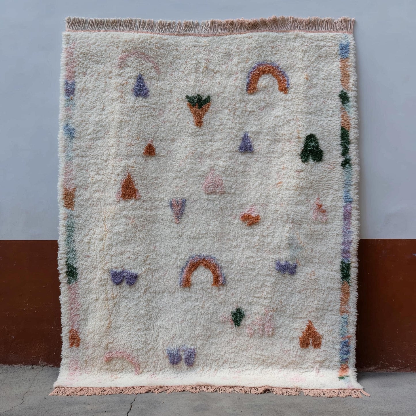 Playful Moroccan boho rug with pastel rainbow design, high-pile wool, perfect for nursery and kids room decor