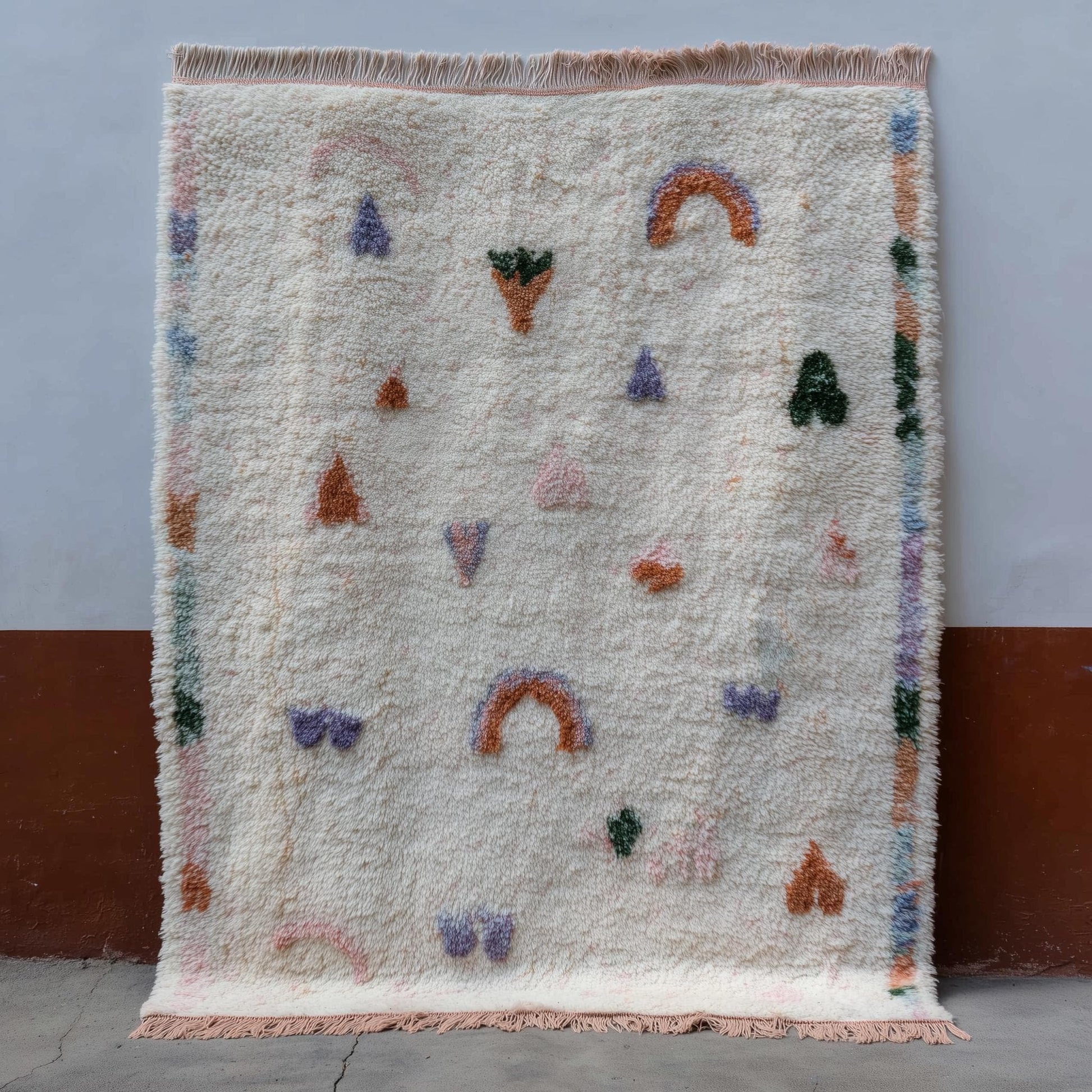 Playful Moroccan boho rug with pastel rainbow design, high-pile wool, perfect for nursery and kids room decor
