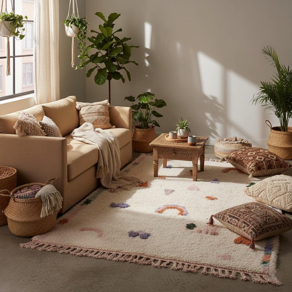 Playful Moroccan boho rug with pastel rainbow and tribal motifs, high-pile wool area rug for nursery and kids room decor