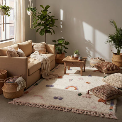 Playful Moroccan boho rug with pastel rainbow and tribal motifs, high-pile wool area rug for nursery and kids room decor