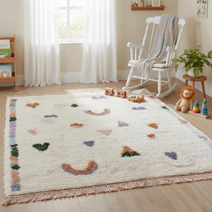 Playful Moroccan boho rug with pastel rainbow and abstract tribal patterns, high-pile wool nursery rug.