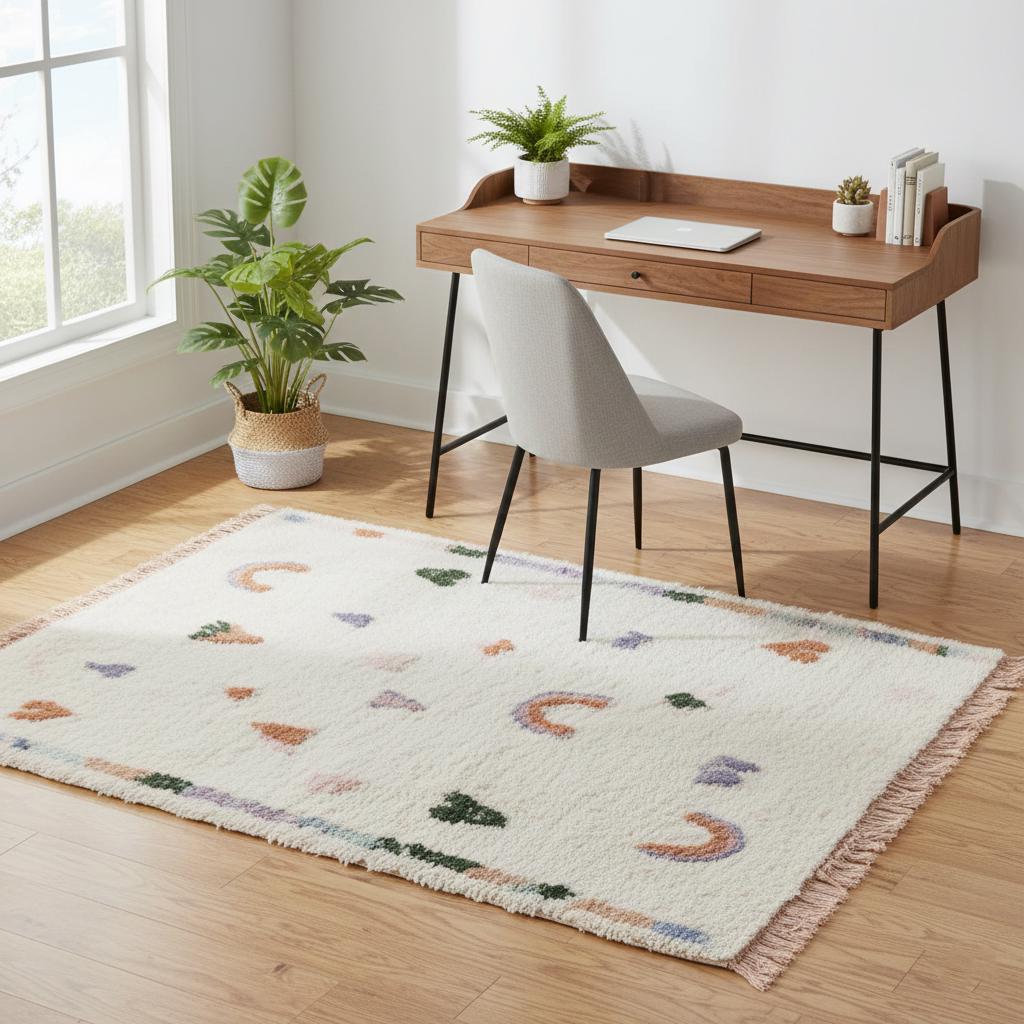 Playful Moroccan boho rug with pastel rainbow tribal design, high-pile wool nursery and kids room decor
