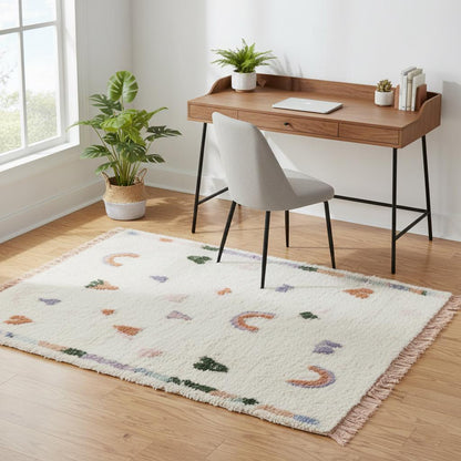 Playful Moroccan boho rug with pastel rainbow tribal design, high-pile wool nursery and kids room decor
