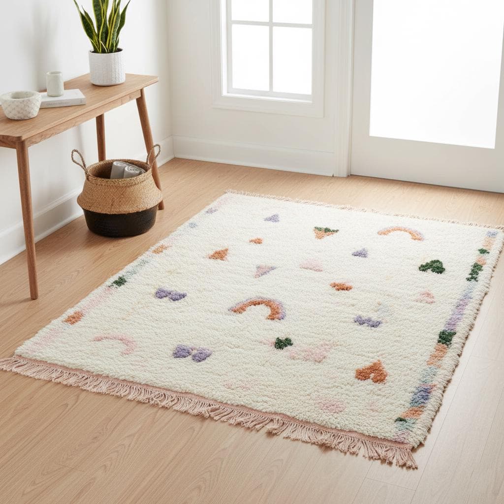 Hand-tufted playful Moroccan boho rug with pastel rainbow tribal motifs, high-pile wool texture ideal for nursery or kids room decor