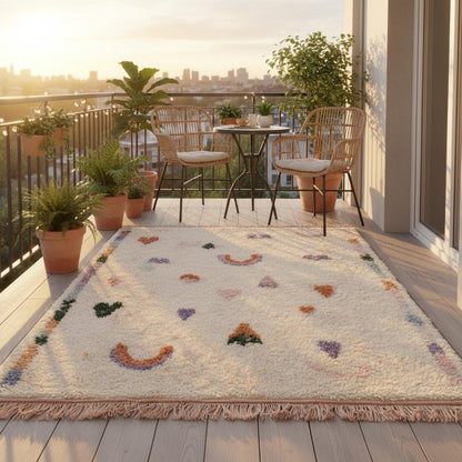 Playful Moroccan boho rug with pastel rainbow high pile wool, hand-tufted for cozy nursery and kids room decor