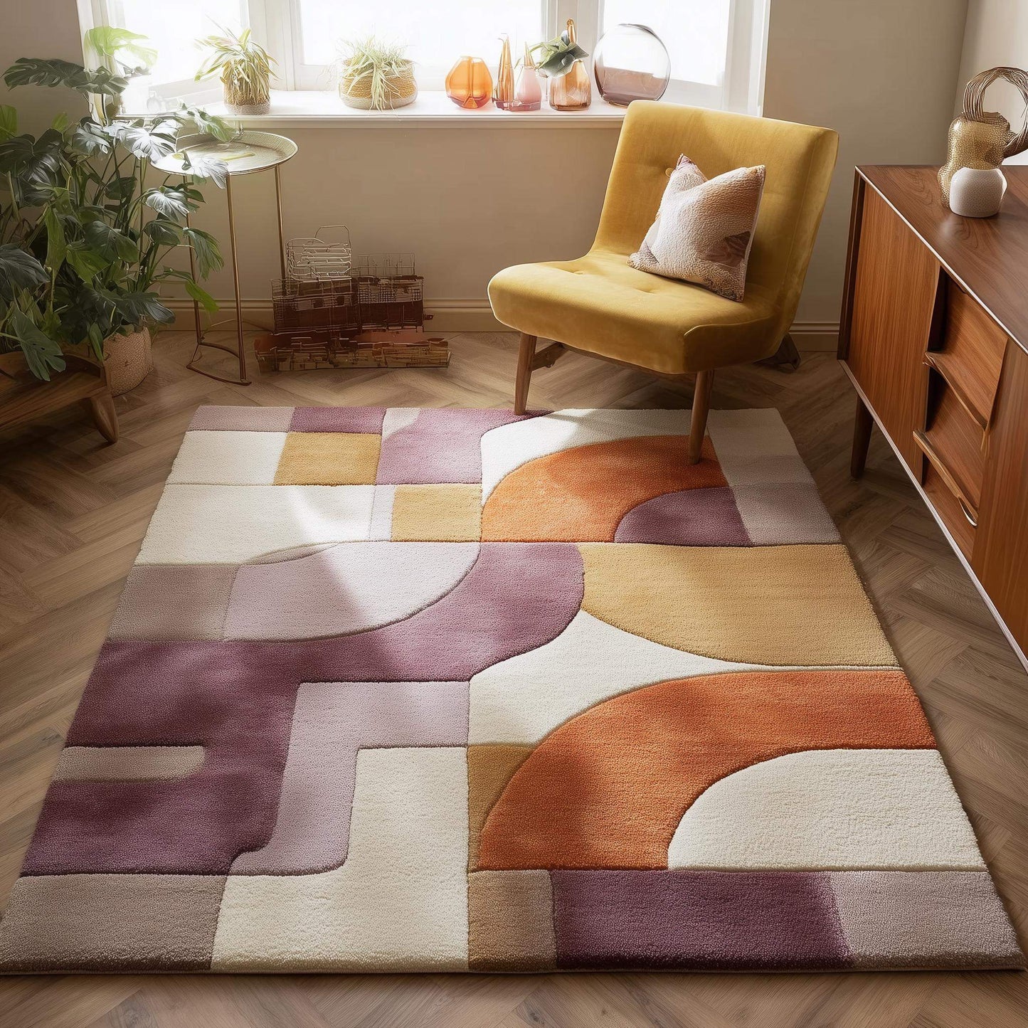 Abstract area rug with hand tufted geometric design in plum ochre and retro color blocks
