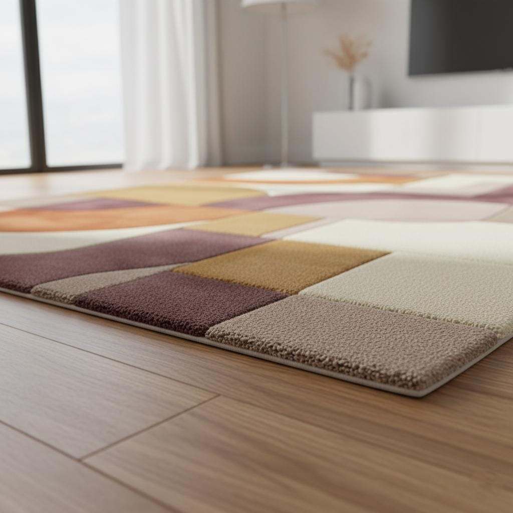 Abstract area rug with hand tufted geometric design in mauve, lilac, peach, terracotta, mustard, and cream tones