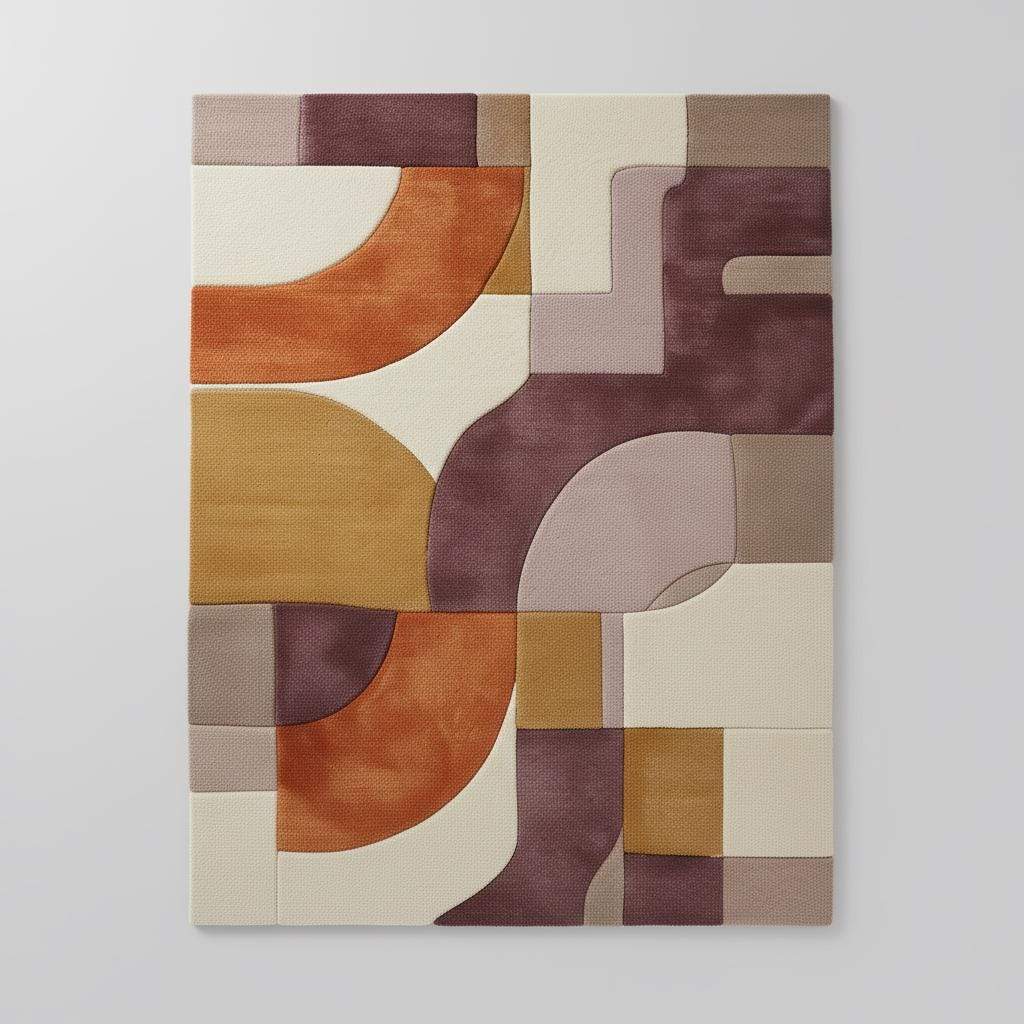 Plush hand tufted abstract area rug with geometric retro color block design in mauve, lilac, peach, terracotta, mustard, and cream tones
