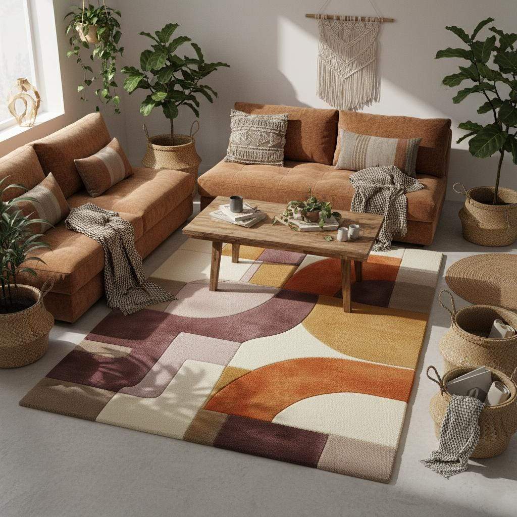 Plush hand tufted abstract area rug with geometric retro color blocks in mauve, lilac, peach, terracotta, mustard, and cream tones