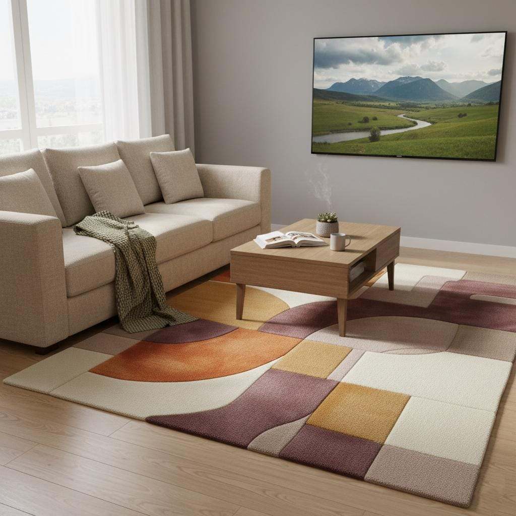 Hand tufted abstract area rug in mauve, lilac, peach, terracotta, mustard, and cream geometric pattern with plush wool pile.
