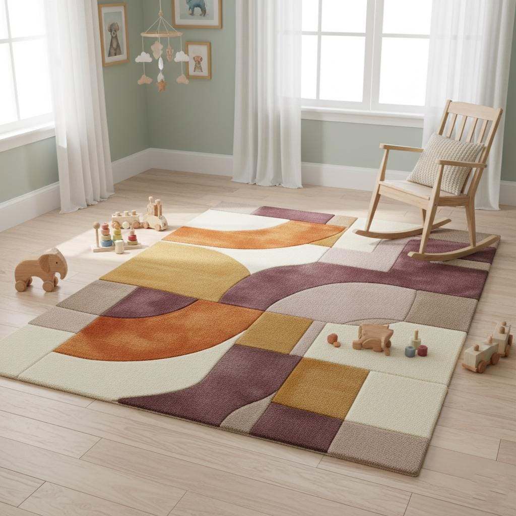 Plush hand tufted abstract area rug with retro geometric design in mauve, lilac, peach, terracotta, mustard, and cream tones