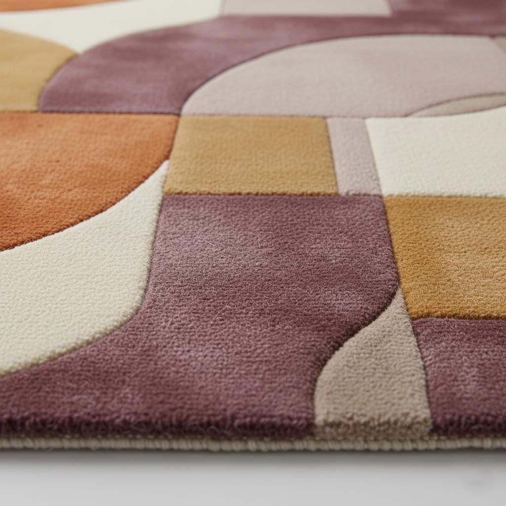 Plum ochre abstract area rug with hand tufted geometric retro design in mauve, lilac, peach, terracotta, mustard, and cream tones